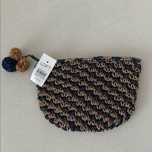 NWT LOFT Navy and Tan Woven Clutch with Pom Poms